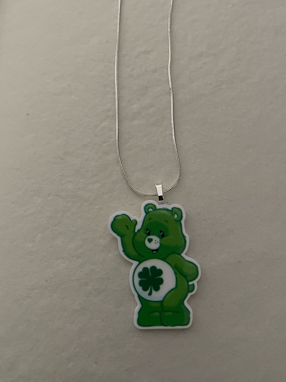Green Care Bear Clover Pendant Necklace